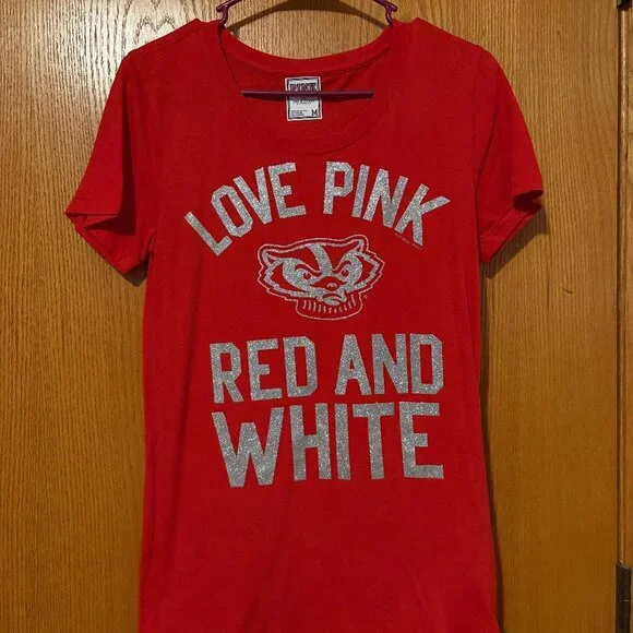 Sparkly Love Pink Red and White Wisconsin Badgers Shirt - Picture 1 of 3
